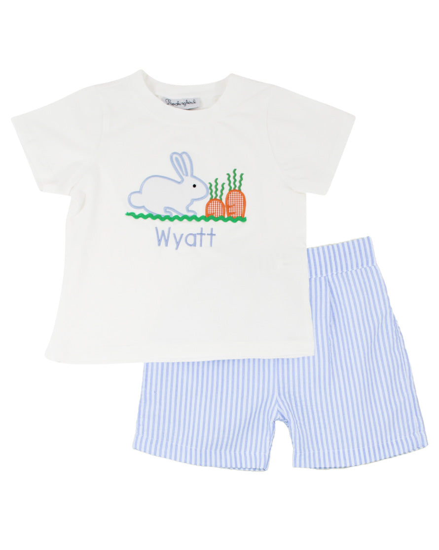 Bunny and Carrots Applique Blue Seersucker Shorts Set