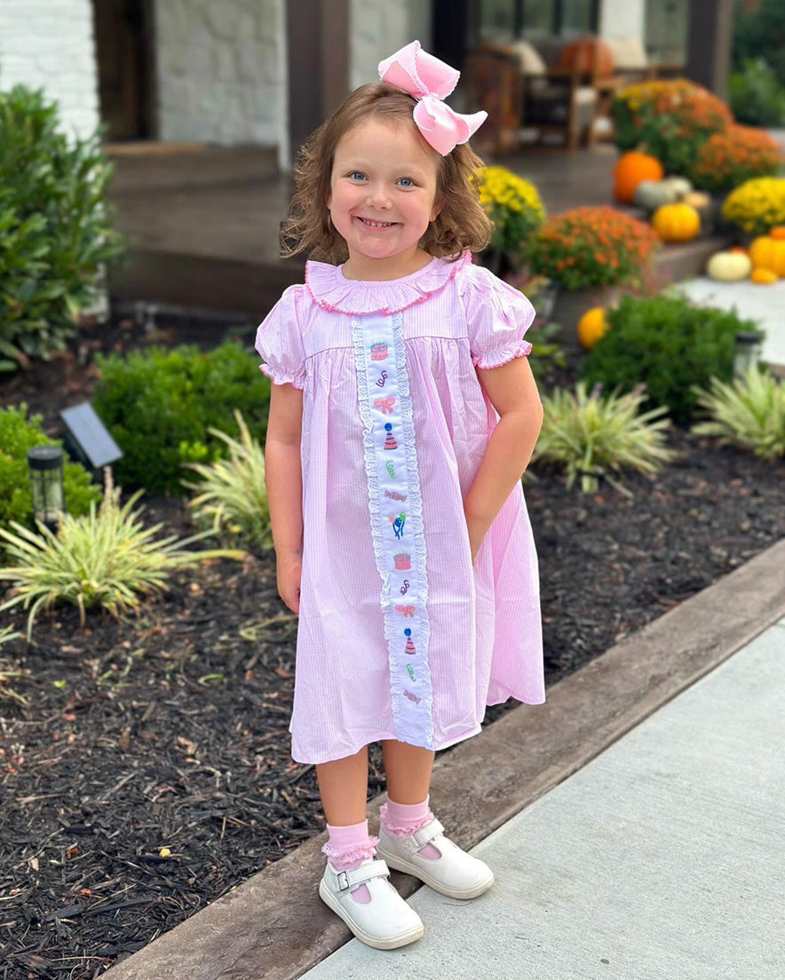 Party Time Hand Embroidered Pink Gingham Dress