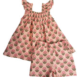 Pink Peony Block Print Angel Sleeve Shorts Set