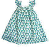 Blue Poppy Block Print Angel Sleeve Dress