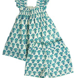Blue Poppy Block Print Angel Sleeve Shorts Set