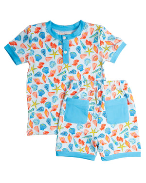 Bright Sea Life Short Sleeve Pajama Set with Blue Trim-FINAL SALE