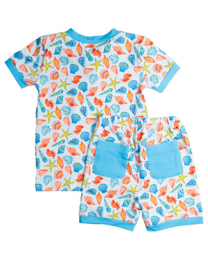 Bright Sea Life Short Sleeve Pajama Set with Blue Trim-FINAL SALE