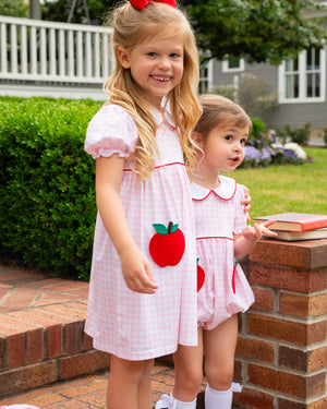 Apple Applique Pocket Knit Gingham Dress-FINAL SALE