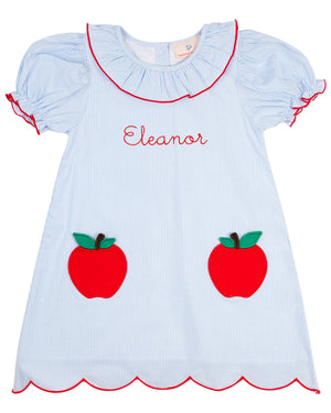 Apple Applique Pockets Scalloped Gingham Dress-FINAL SALE