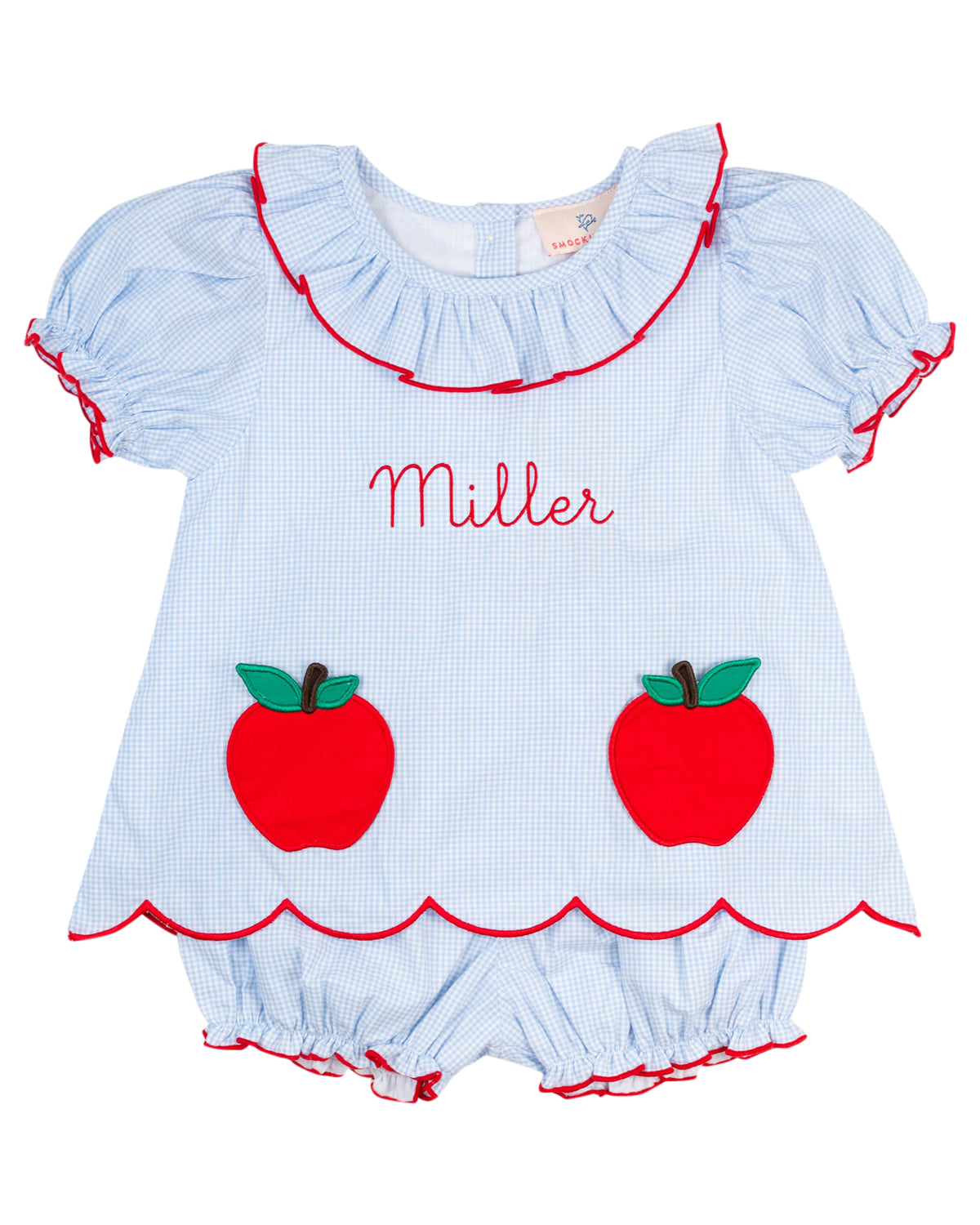 Apple Applique Pockets Scalloped Gingham Bloomer Set-FINAL SALE