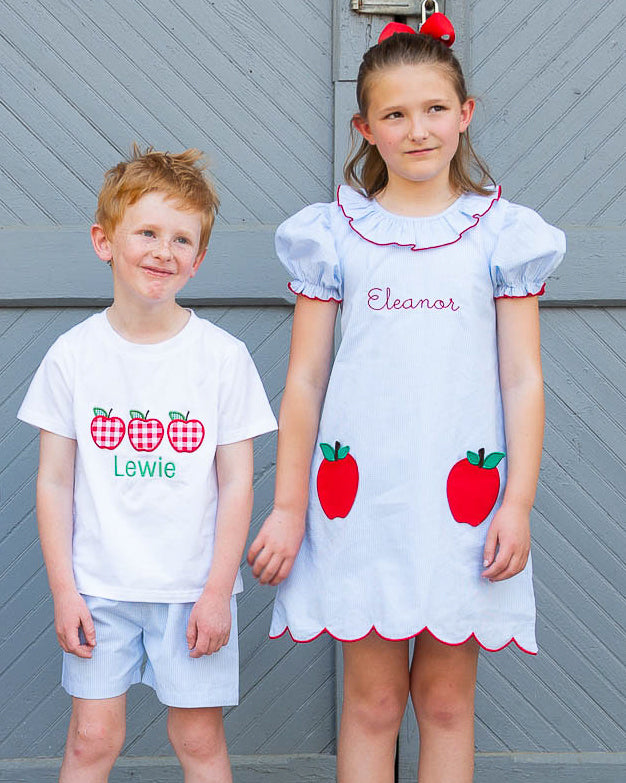 Apple Applique Gingham Shorts Set-FINAL SALE