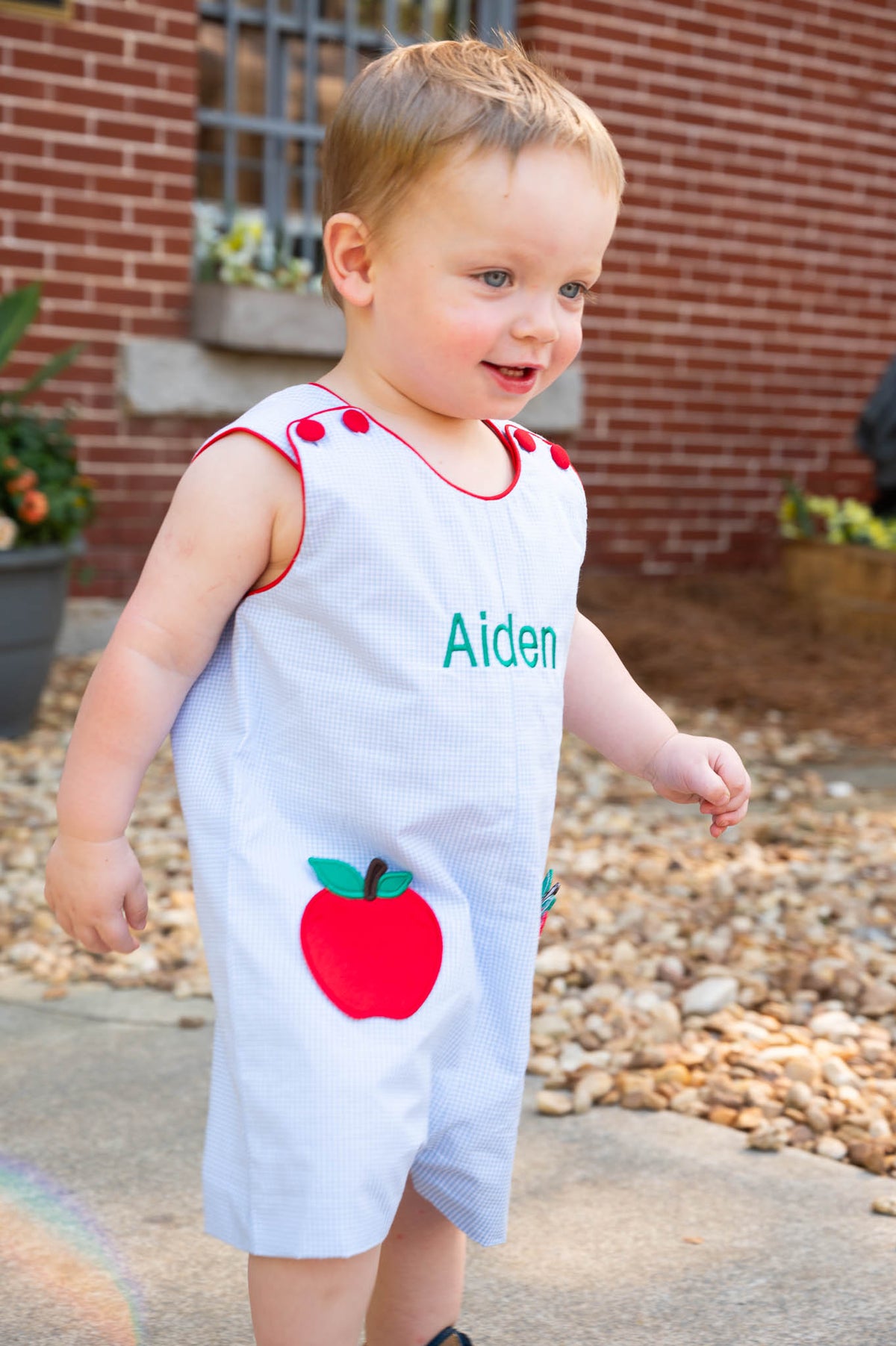 Apple Applique Pockets Gingham Shortall-FINAL SALE