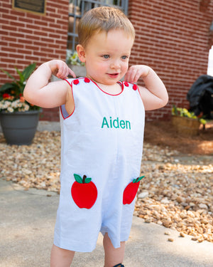 Apple Applique Pockets Gingham Shortall-FINAL SALE