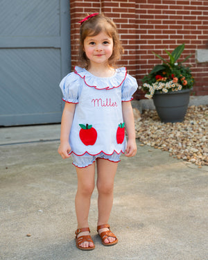 Apple Applique Pockets Scalloped Gingham Bloomer Set-FINAL SALE