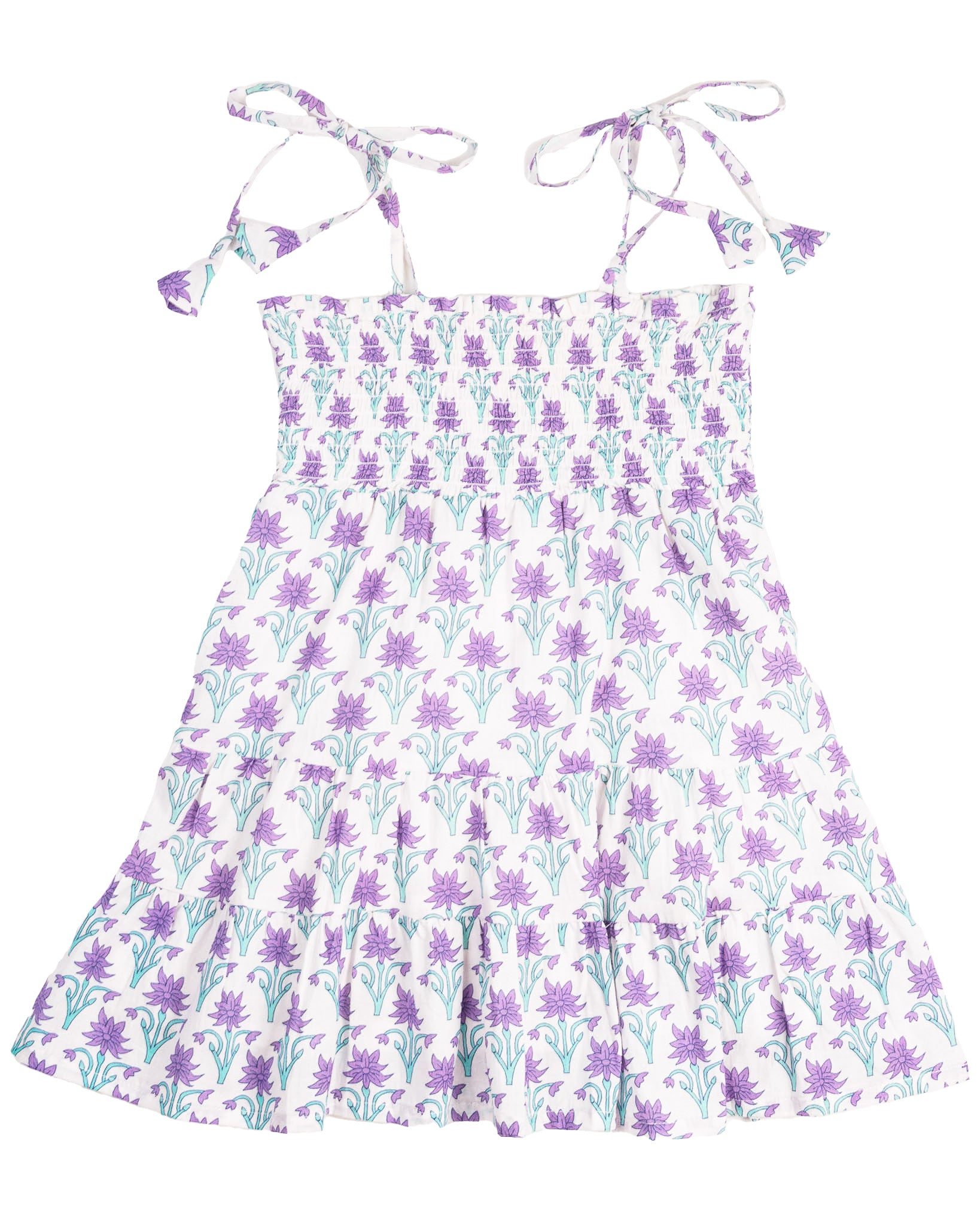 Purple and Teal Floral Block Shirred Dress-FINAL SALE