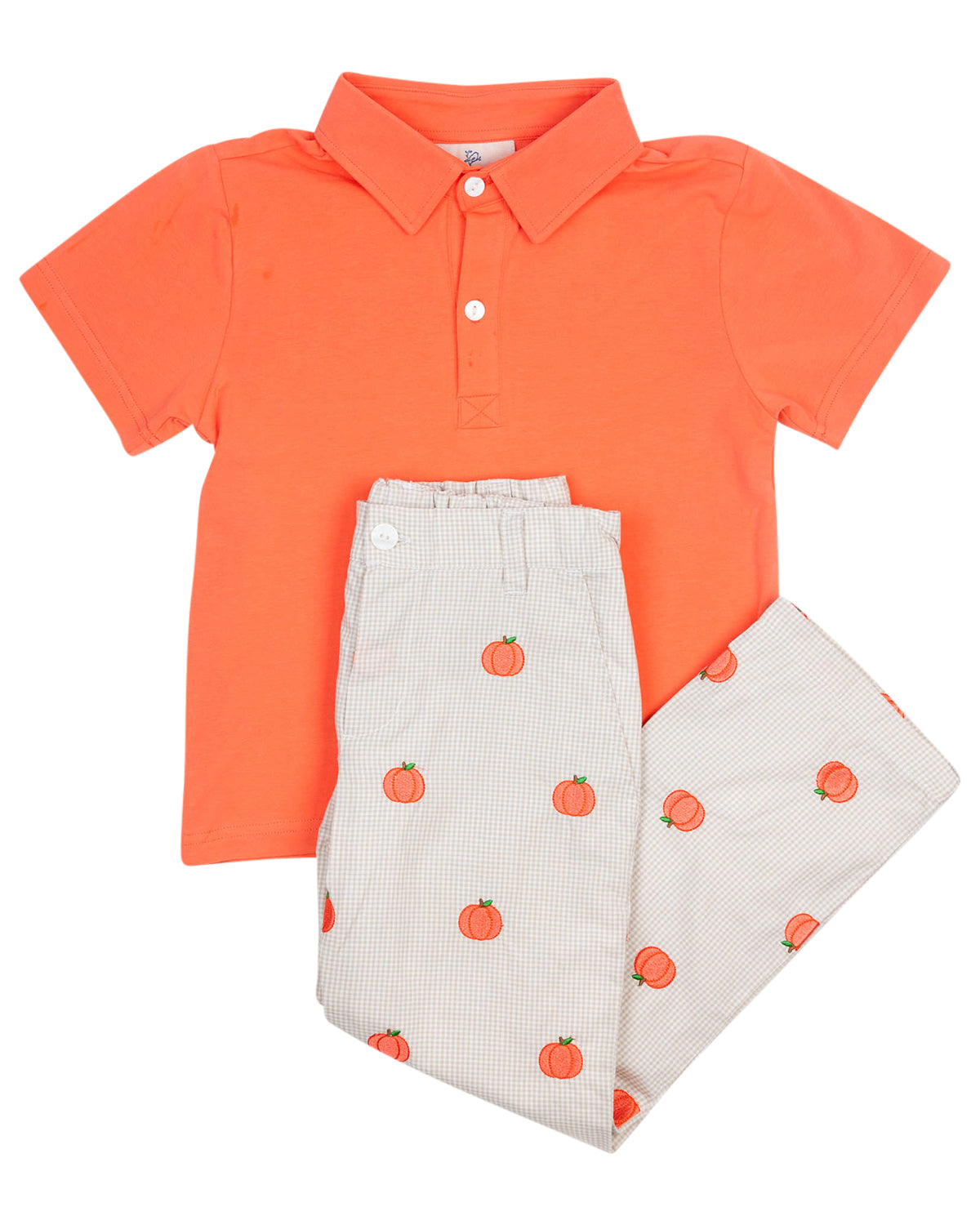 Pumpkin Embroidered Khaki Gingham Pants Set