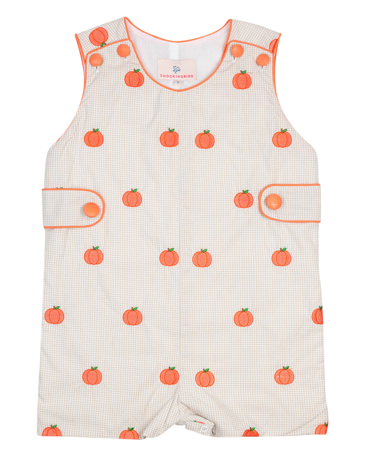 Pumpkin Embroidered Khaki Gingham Shortall