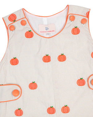 Pumpkin Embroidered Khaki Gingham Shortall