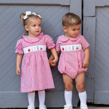 School Supplies Smocked Red Windowpane Boy Bubble- FINAL SALE
