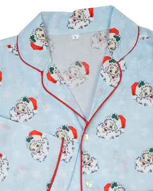 Vintage Santa Blue Button Down Mens Pajamas