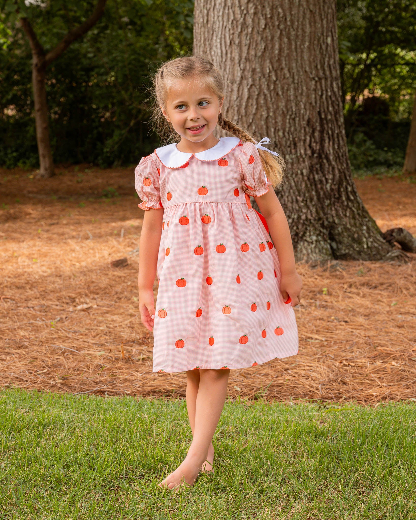 Pumpkin Embroidered Coral Gingham Dress