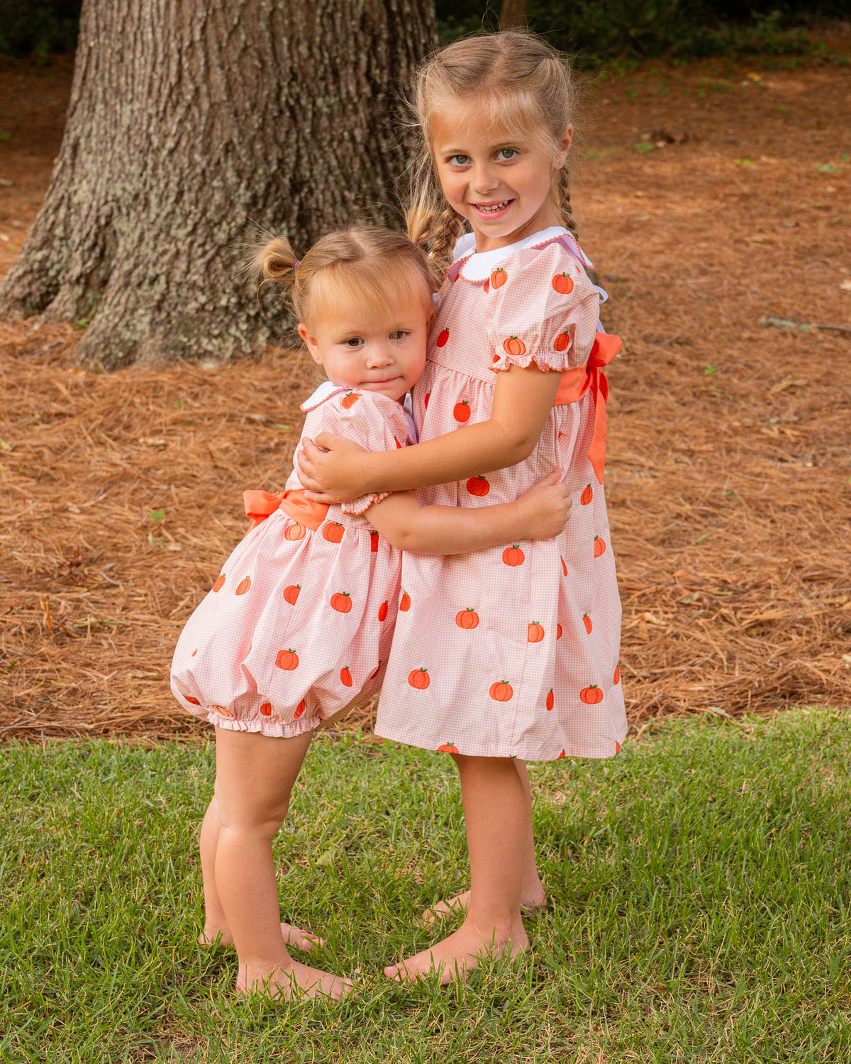 Pumpkin Embroidered Coral Gingham Dress