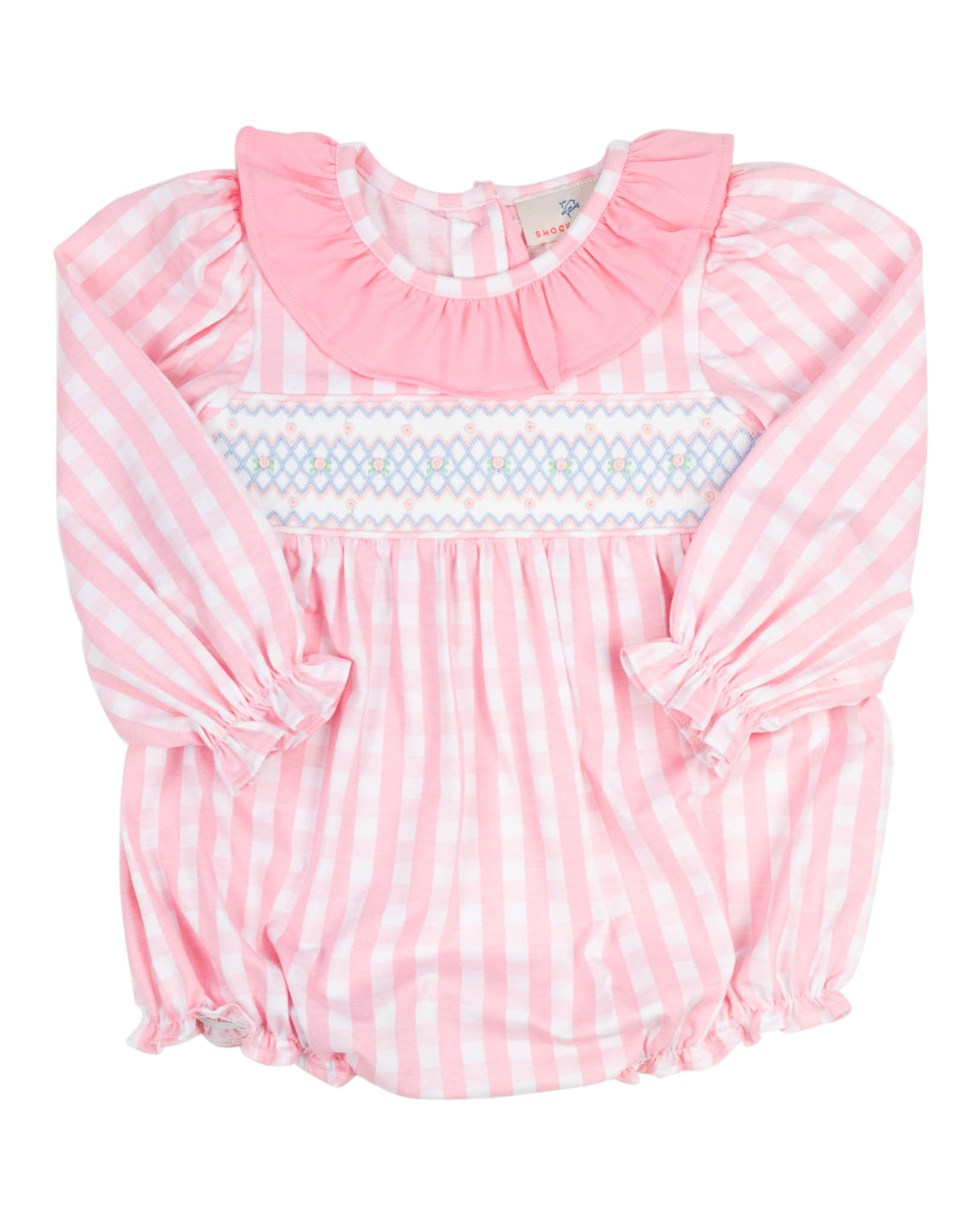 Pink Gingham Knit Smocked Long Sleeved Bubble