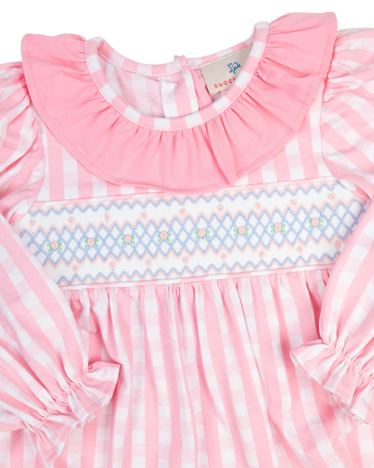 Pink Gingham Knit Smocked Long Sleeved Bubble