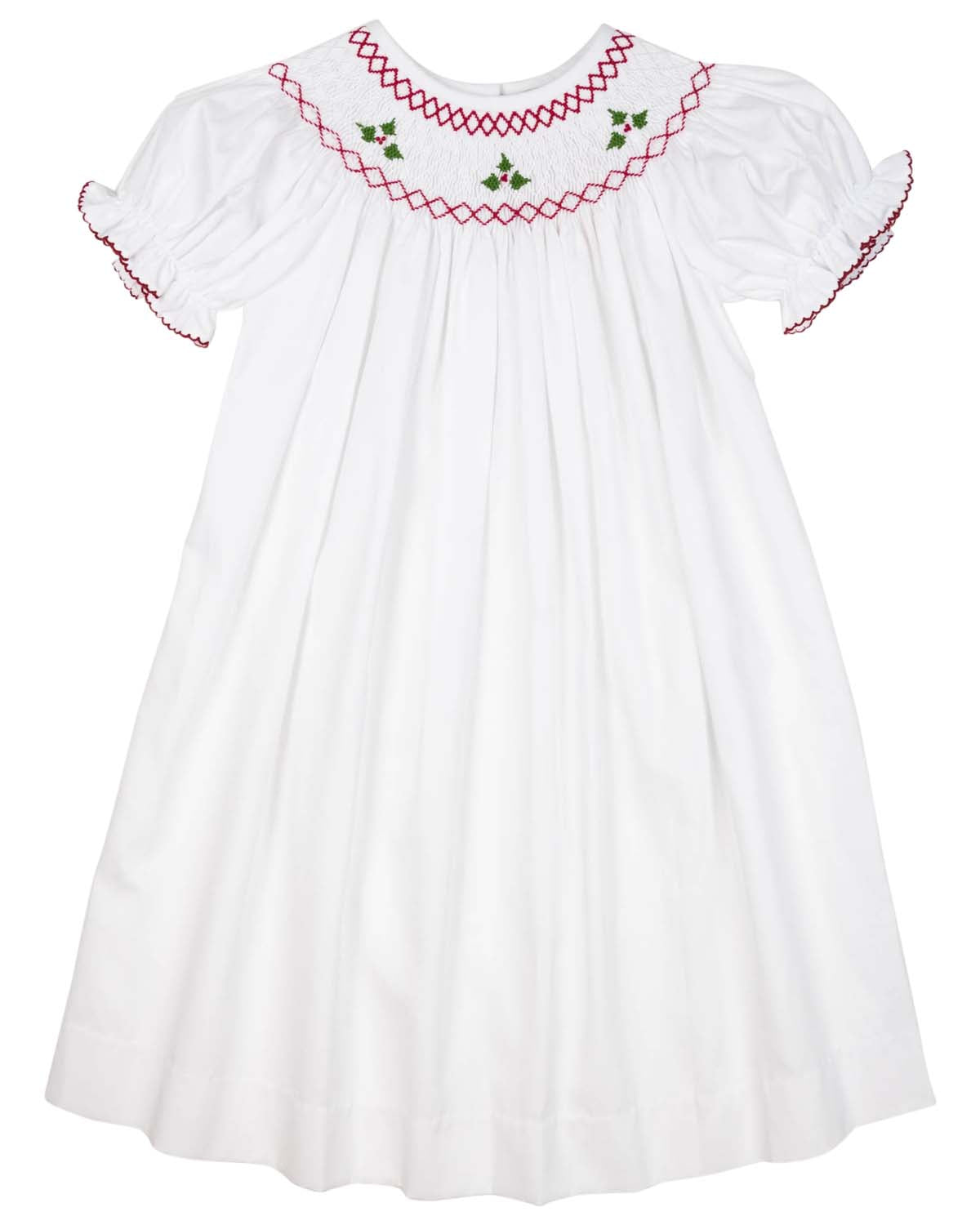 Holly Berry Smocked White Bishop Dress