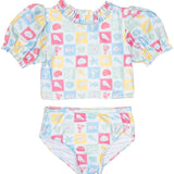 Coastal Stamps in Pastel Puff Sleeve Tankini