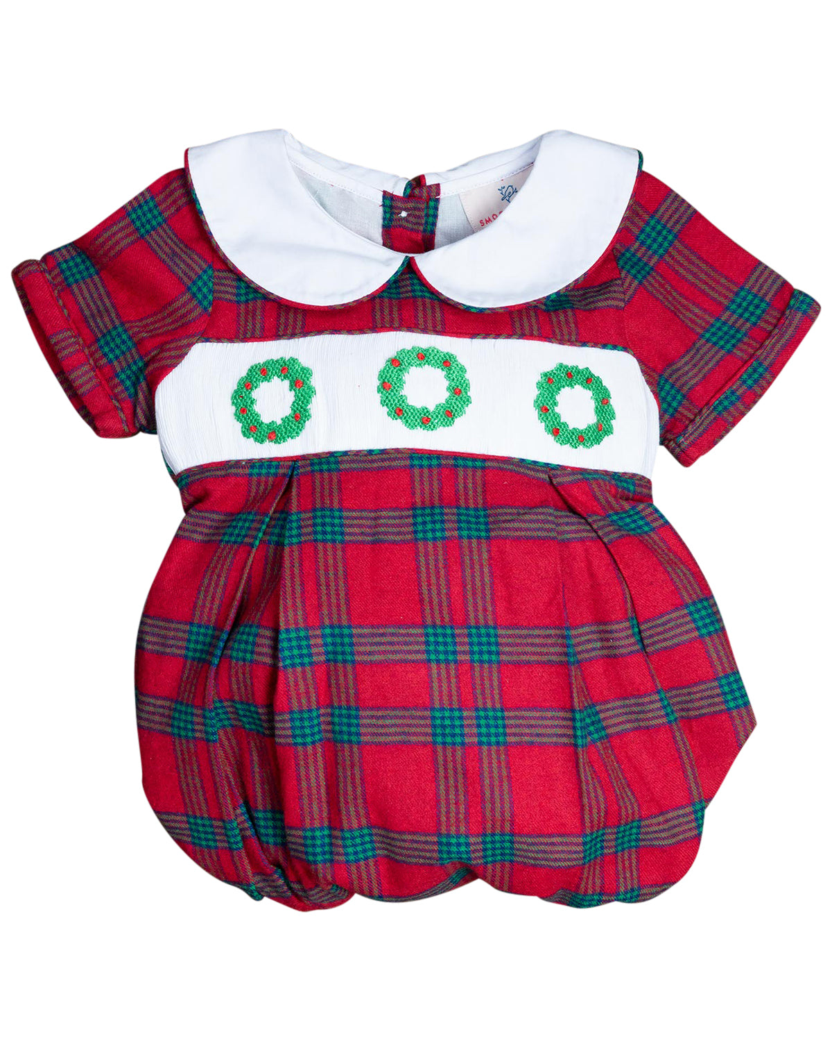 Wreath Smocked Red and Green Plaid Boy Bubble- FINAL SALE