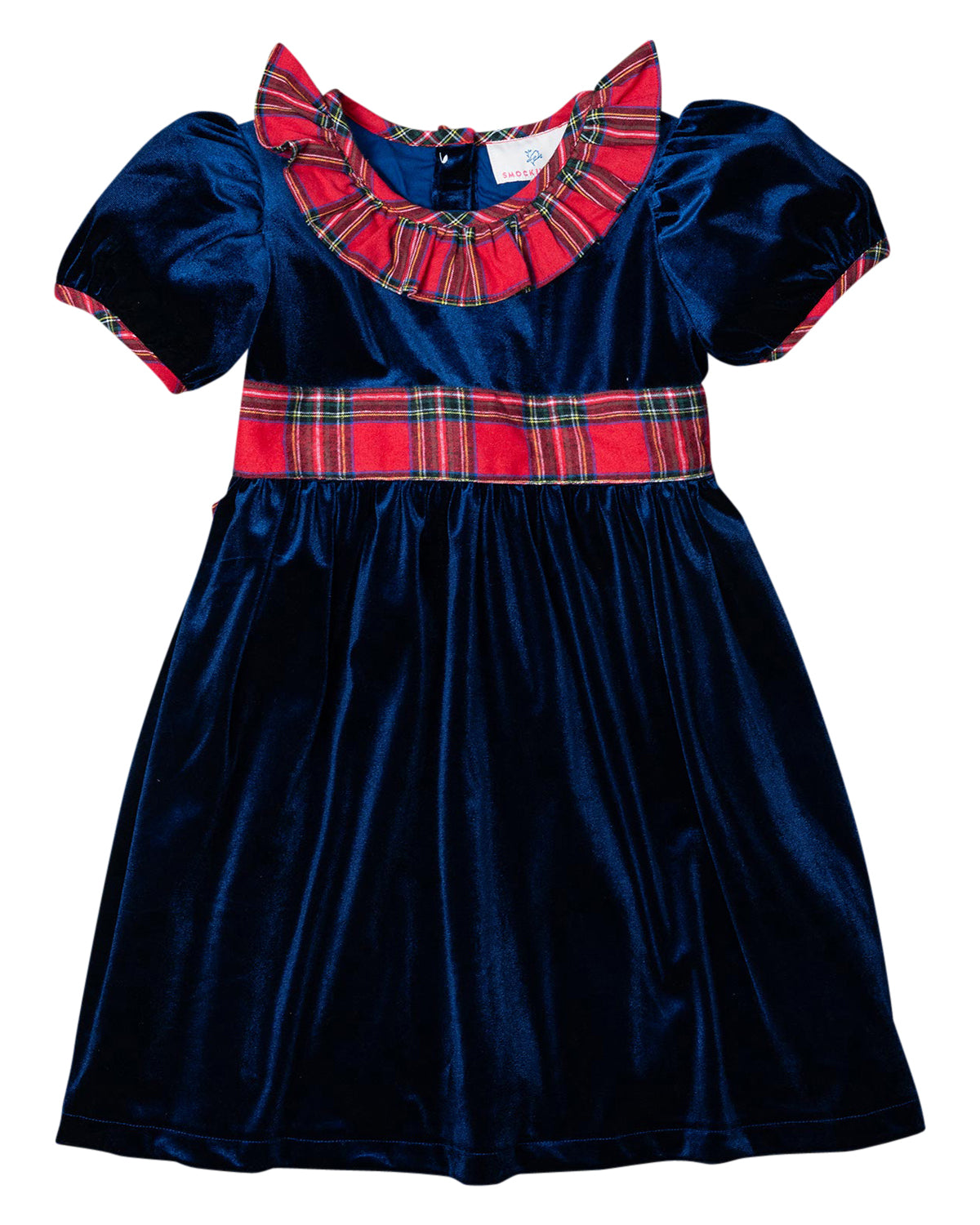 Navy Velvet Dress with Red Tartan Sash