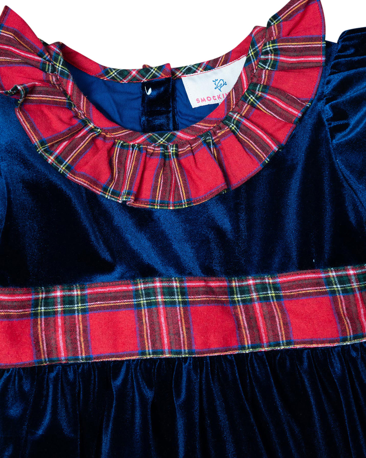 Navy Velvet Dress with Red Tartan Sash