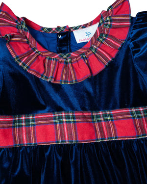 Navy Velvet Dress with Red Tartan Sash