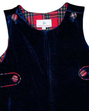 Navy Velvet Longall with Red Tartan Trim