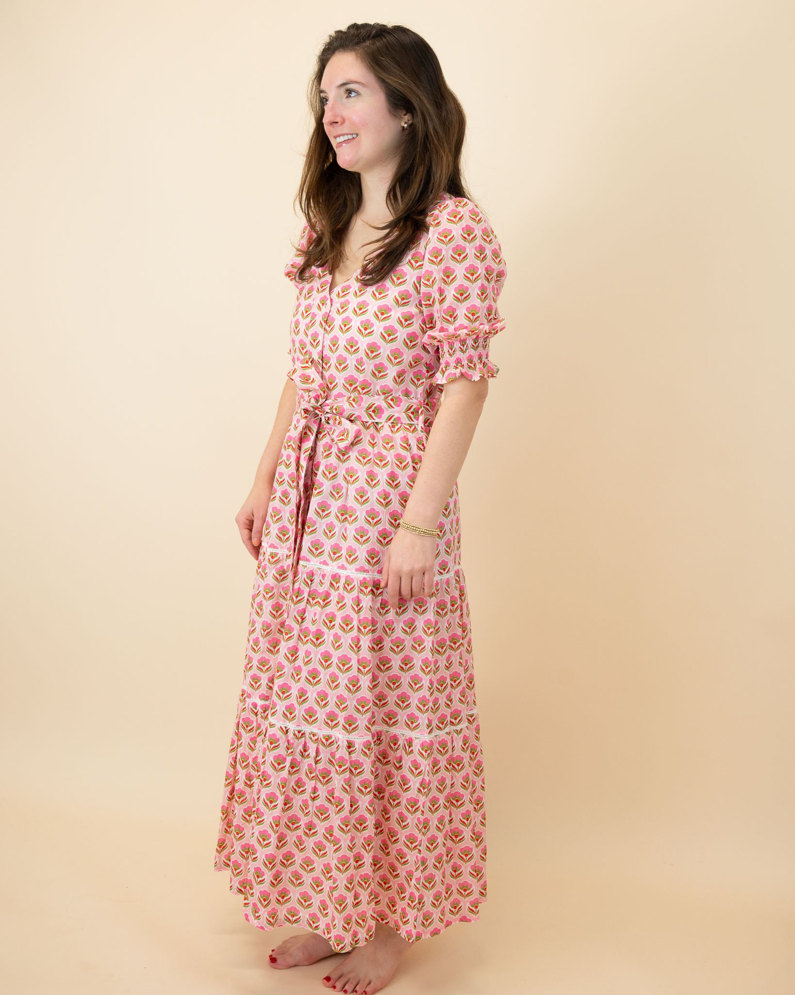 Pink Block Print Ladies Dress with Silver Lurex