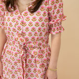 Pink Block Print Ladies Dress with Silver Lurex