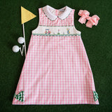 Golf Smocked Pink Checked Dress with Bow Detail