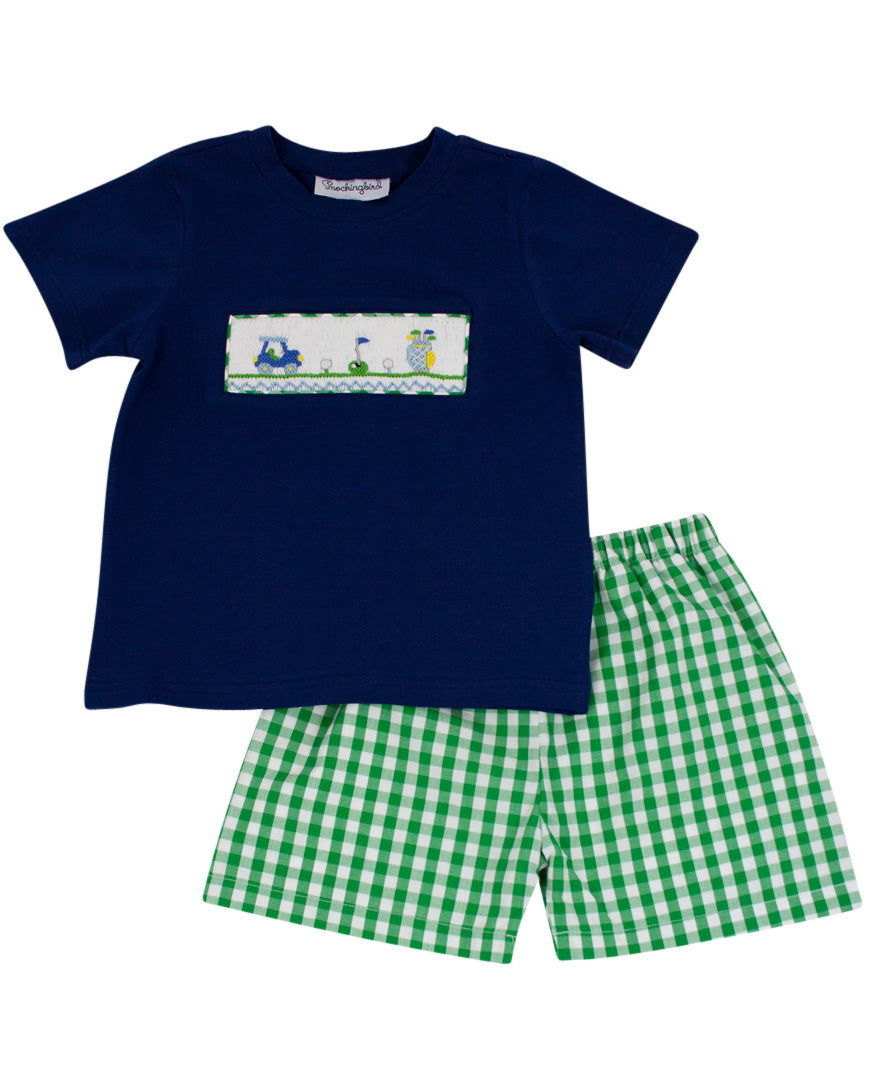 Golf Smocked Green Checked Shorts Set