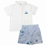Golf Embroidered Blue Seersucker Shorts Set