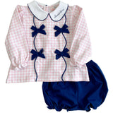 Pink Gingham Knit Bloomer Set with Navy Bows