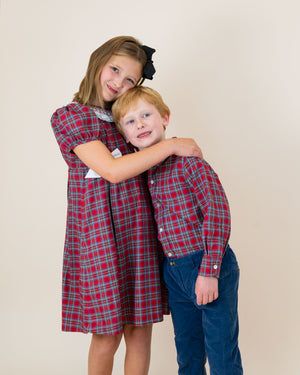 Red Tartan Plaid Smocked Ruffle Collar Dress