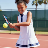 White Knit Tennis Dress with Navy Trim