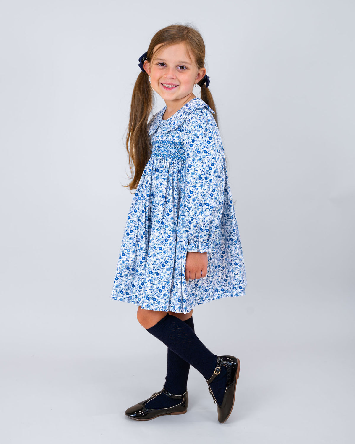 Winter Blue Floral Smocked Dress