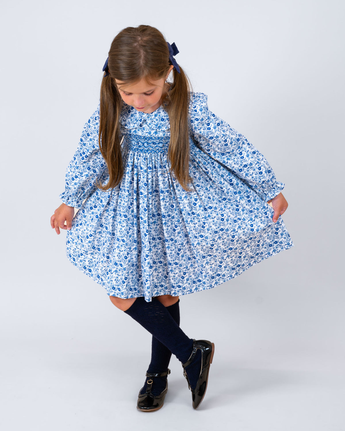 Winter Blue Floral Smocked Dress