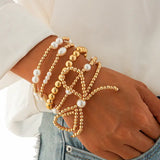 Golden Bow Beaded Bracelet Set with Faux Pearls