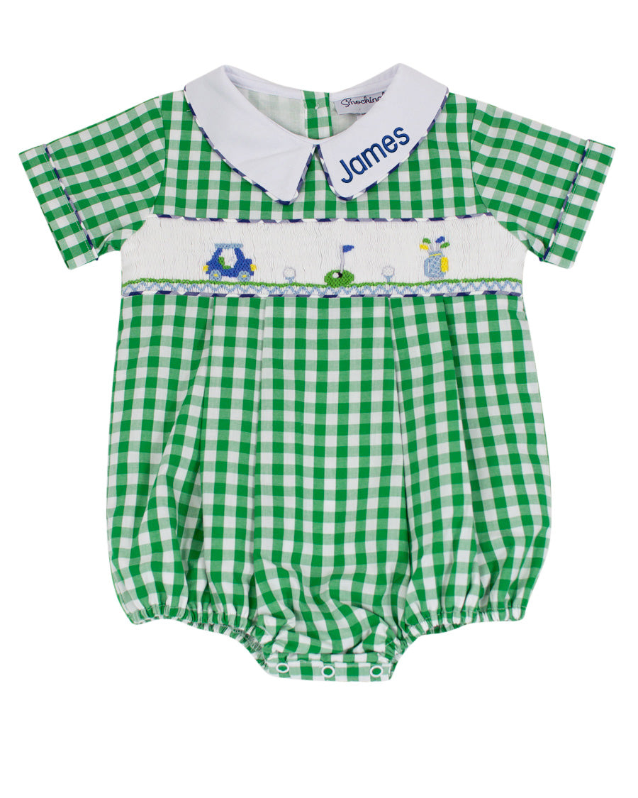 Golf Smocked Green Checked Boy Bubble