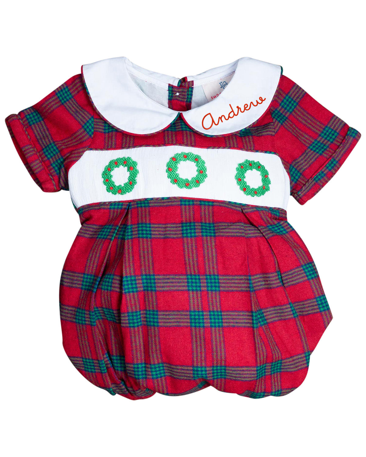 Wreath Smocked Red and Green Plaid Boy Bubble- FINAL SALE