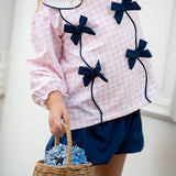 Pink Gingham Knit Bloomer Set with Navy Bows