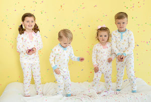 Party Time Pima Zip Up Pajamas with Blue Trim- FINAL SALE