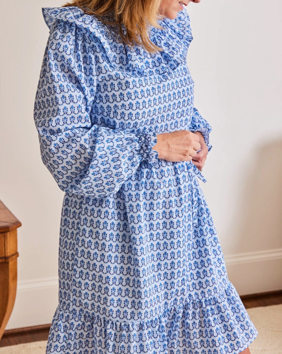 Provence Blue Block Print Ladies Smocked Dress- FINAL SALE