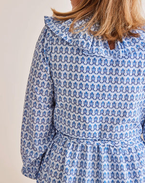 Provence Blue Block Print Ladies Smocked Dress- FINAL SALE