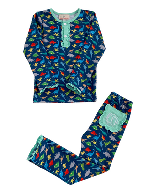 Roar Dinosaur Pajama Set with Mint Trim-FINAL SALE