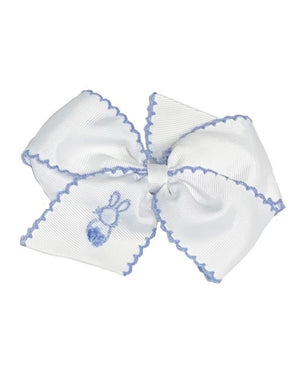 Bunny Embroidered White Hair Bow With Blue Trim-FINAL SALE